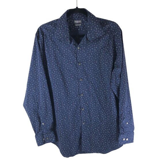 Van Heusen Mens Button Down Shirt Leaf Print Slim Fit Stretch Navy Blue 16.5 32/ - Picture 1 of 6